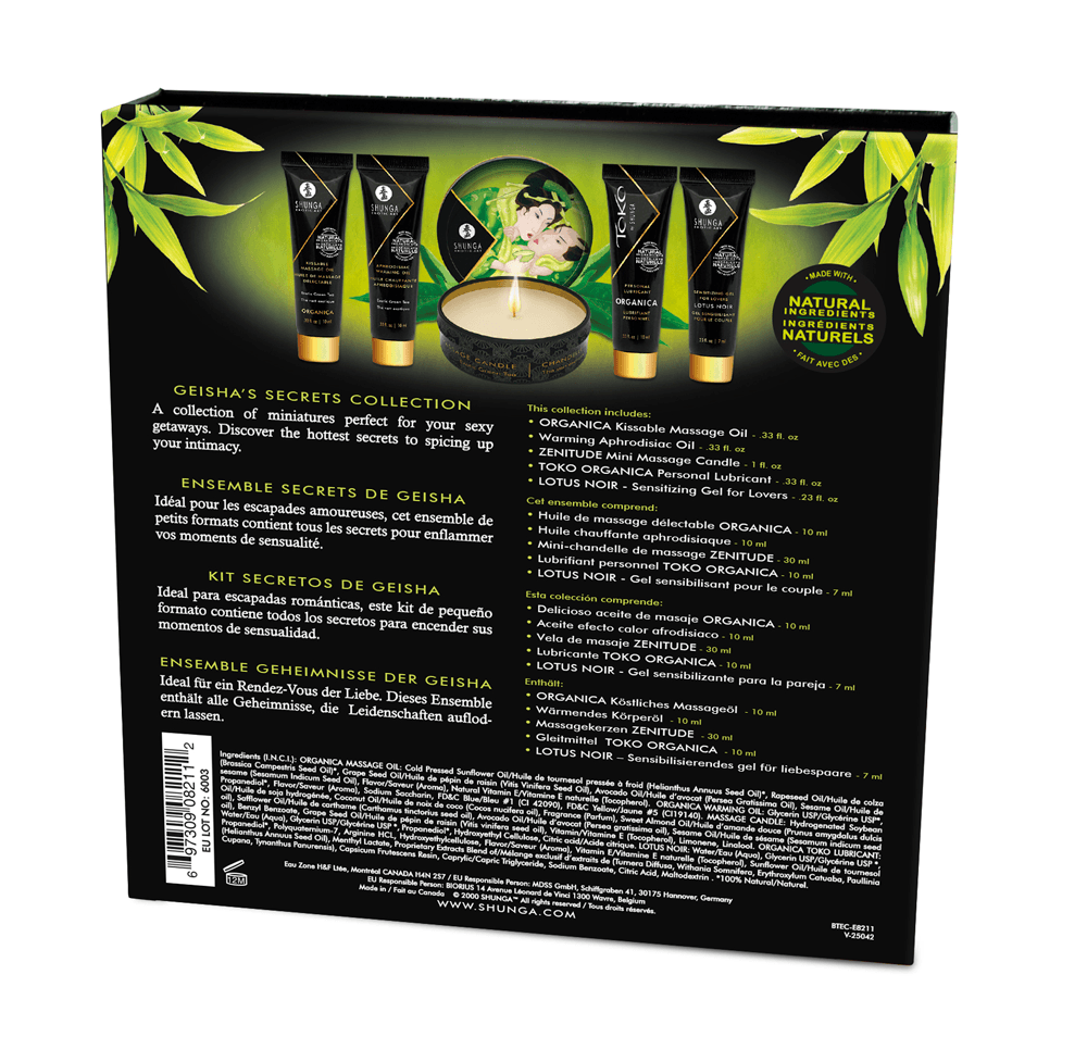 Shunga Geisha Secrets Gift Set Organica Exotic Green Tea collection of wellness and massage products for relaxation.