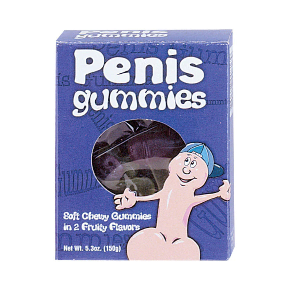 Penis Gummies 5.3 oz packaging with cartoon character, featuring soft chewy gummies in two fruity flavors.