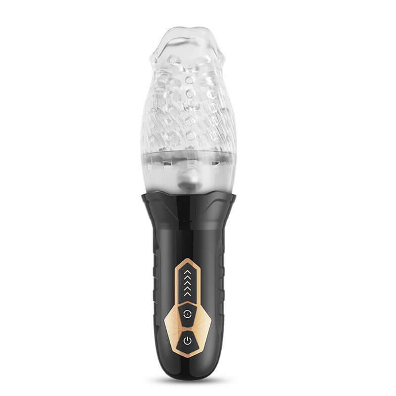 Cyclone Blowjob 360 Rotating Masturbator with clear textured sleeve and control buttons.