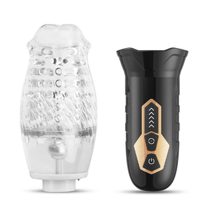 Cyclone Blowjob 360 Rotating Masturbator showing the clear TPE sleeve and black exterior design.