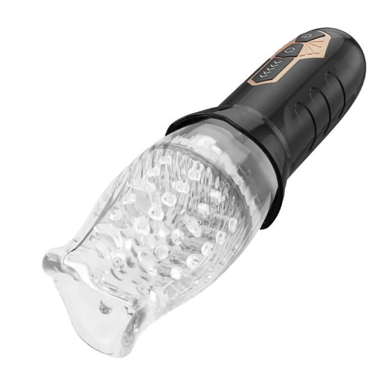 Cyclone Blowjob 360 Rotating Masturbator showcasing a clear TPE sleeve and ergonomic design for enhanced stimulation.
