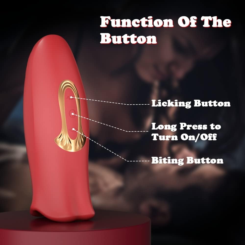 Image showing the Smooches No 1 Mouth Biting Tongue Vibrator with button functions labeled: Licking and Biting Buttons.