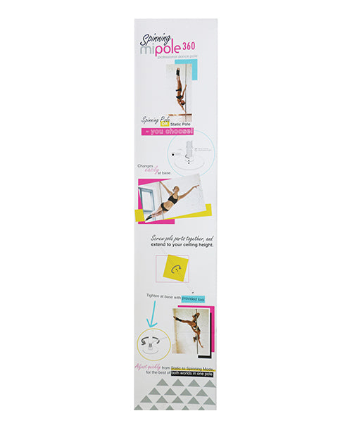 Image showing the MiPole 360 Spinning Dance Pole Chrome with installation instructions and usage features.