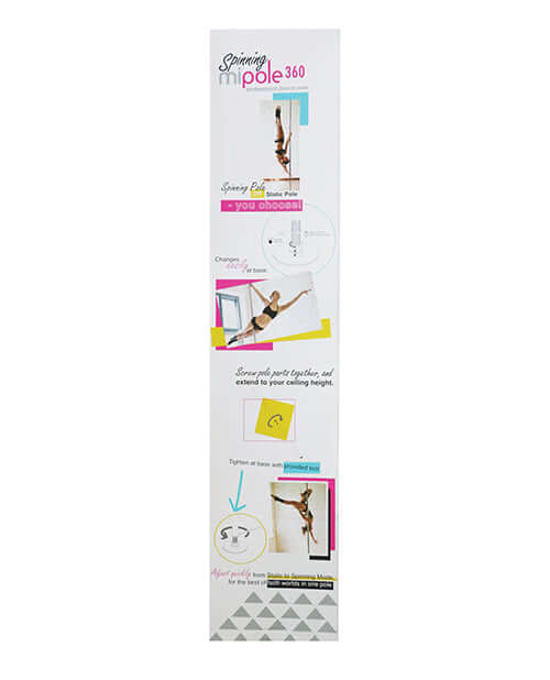 Image showing the MiPole 360 Spinning Dance Pole Chrome with installation instructions and usage features.