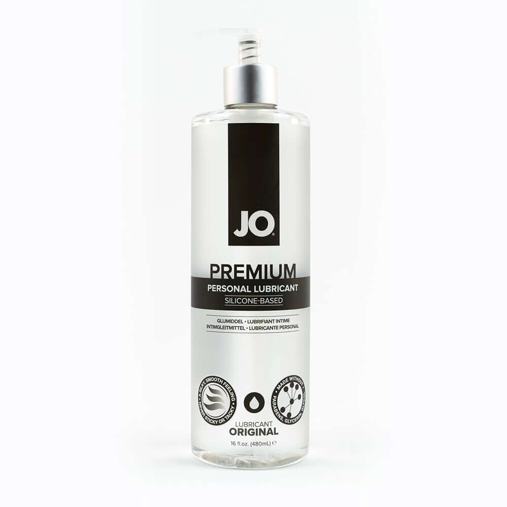 JO Premium Original Silicone-Based Lubricant 16 Oz bottle with pump for smooth and long-lasting glide.
