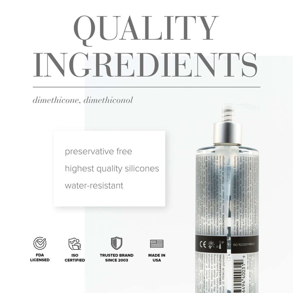 JO Premium Original Silicone-Based Lubricant 16 Oz quality ingredients including dimethicone, preservative free, and water-resistant.