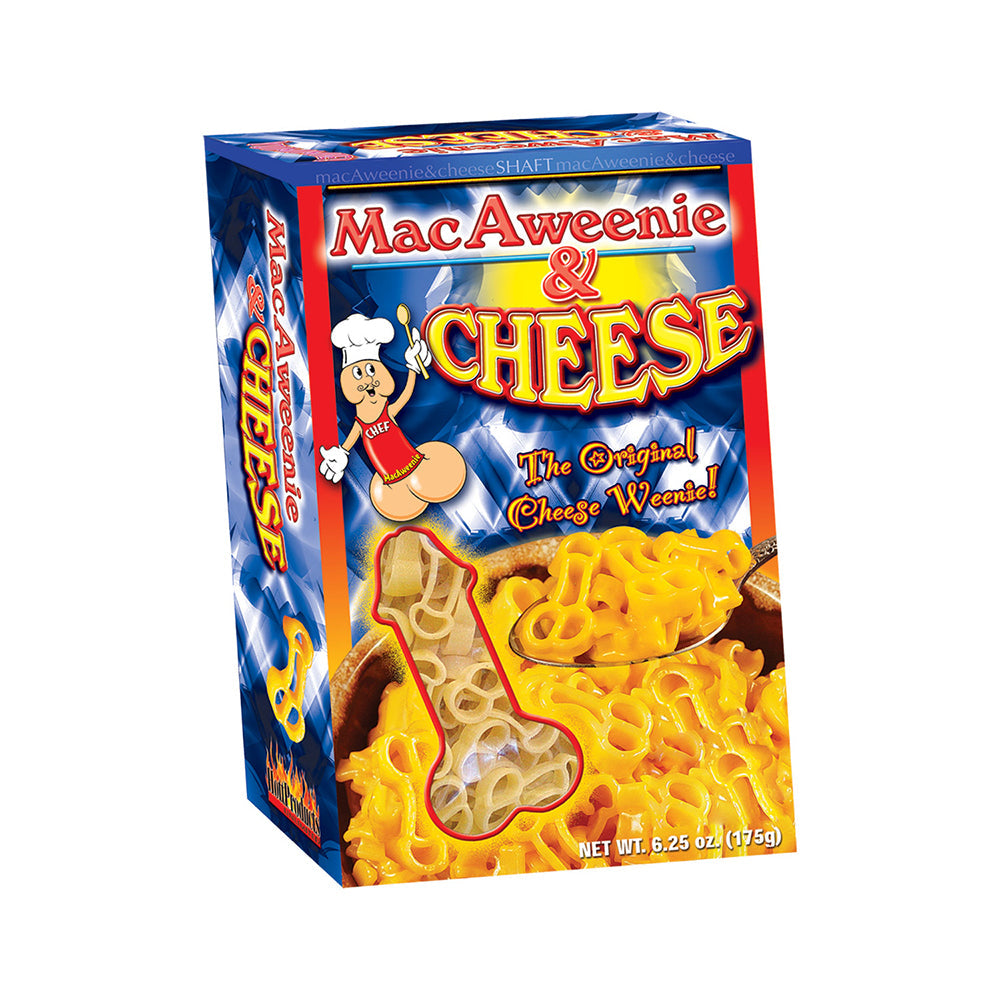 MacAweenie & Cheese packaging featuring humorous pasta shapes and vibrant design, perfect for fun gatherings.