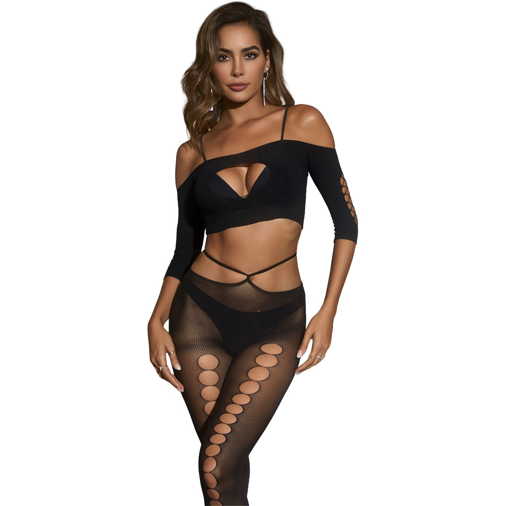 Black Pearl Crop Top Pothole Legging Set Black model wearing stylish two-piece lounge and lingerie outfit