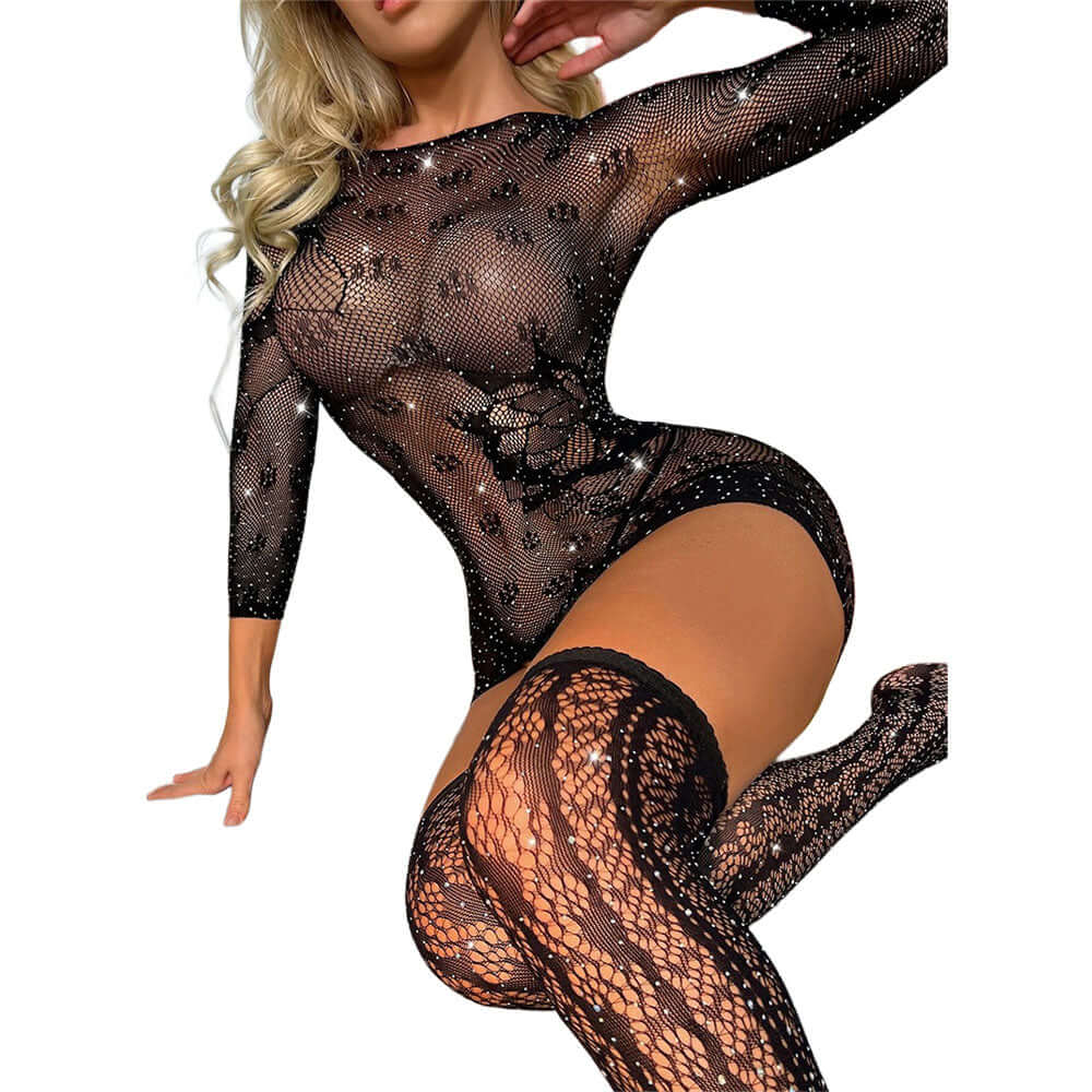 Black Pearl Fishnet Long Sleeve Dress With Thigh Highs Black, showcasing a daring sheer look with intricate fishnet detail.