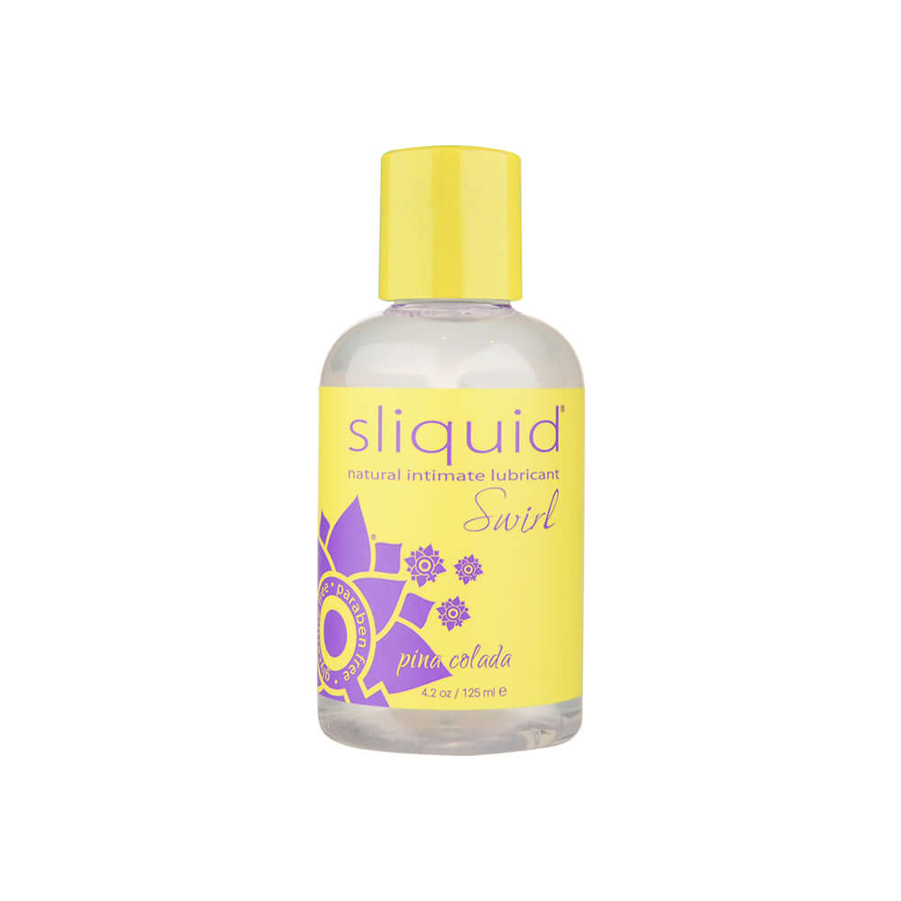 Sliquid Swirl Pina Colada Flavored Lubricant 4.2 Oz in a clear bottle with yellow cap and label.