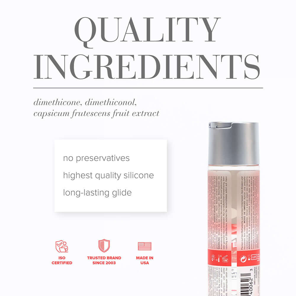 JO All-In-One Sensual Massage Glide Warming 4 Oz ingredients including dimethicone and capsaicin extract.
