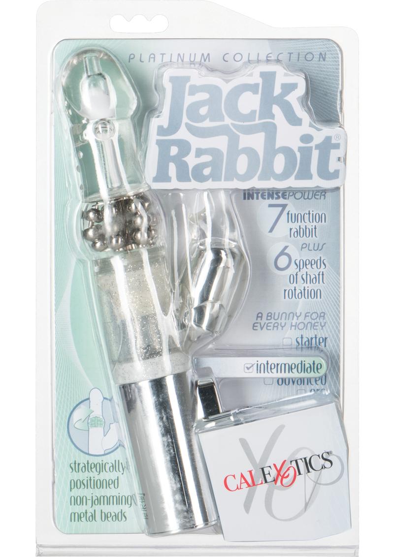 Jack Rabbit Platinum Collection Rabbit Vibrator Silver displayed in packaging featuring seven functions and non-jamming beads.