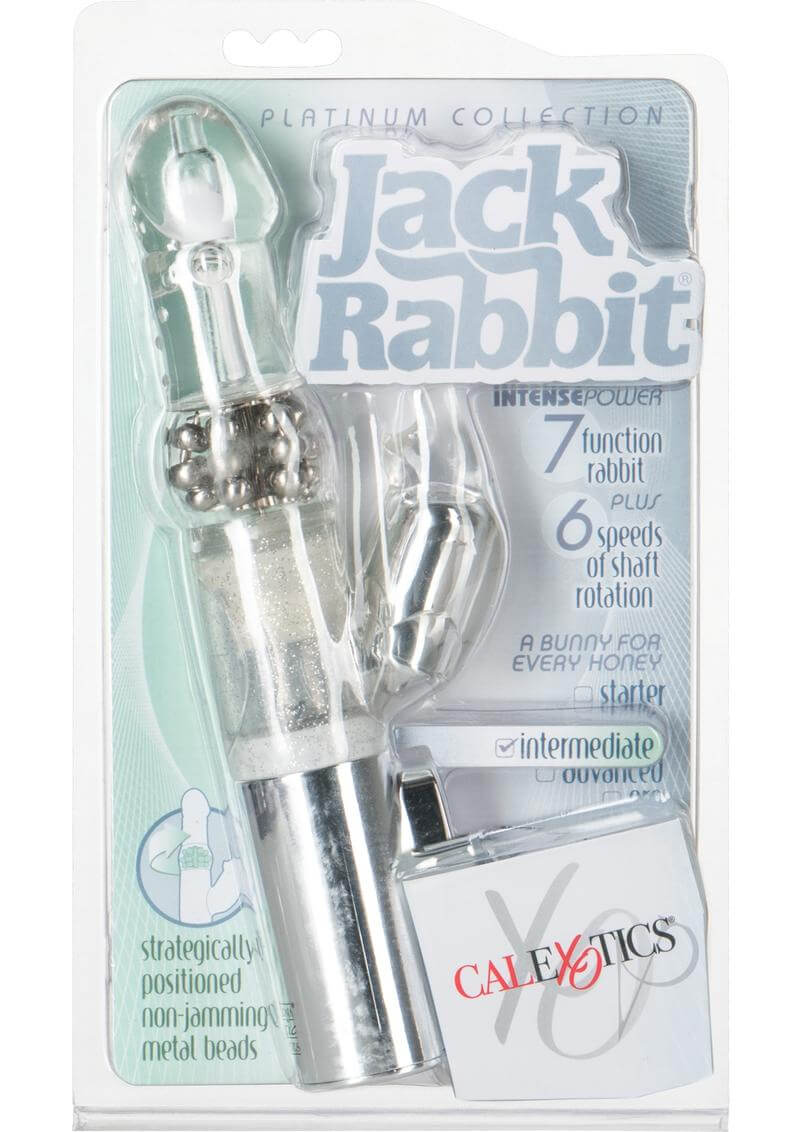 Jack Rabbit Platinum Collection Rabbit Vibrator Silver displayed in packaging featuring seven functions and non-jamming beads.