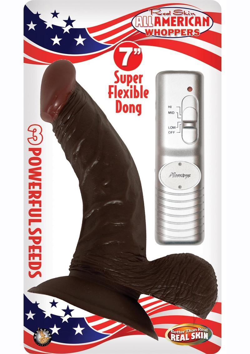 All American Whoppers 7 Inch Vibrating Dildo Chocolate in packaging with remote, showcasing lifelike design and powerful vibrations.