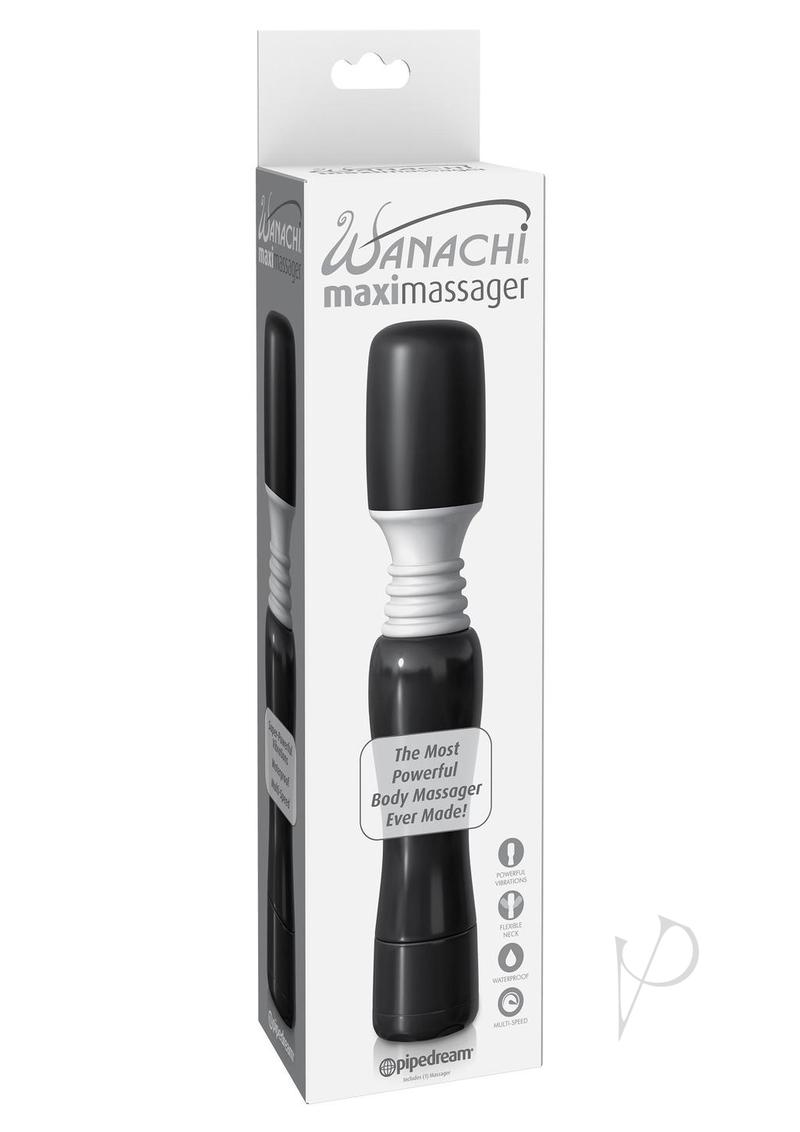 Maxi Wanachi Wand Massager Black packaging featuring powerful vibrations and flexible neck design.