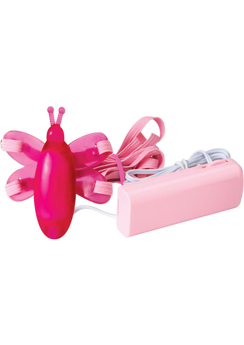 Dragonfly Fantasy Erotic Massager Strap On Pink with adjustable straps for intimate pleasure.