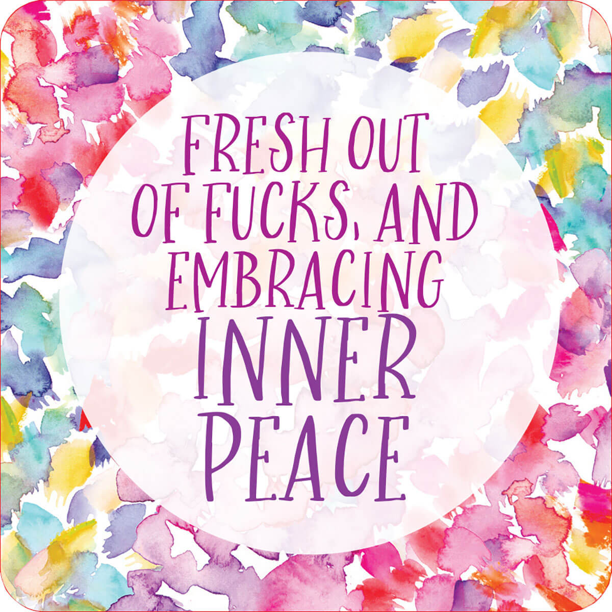Image of the Inner Fucking Peace Cards Set of 60 with colorful watercolor background and humorous text.