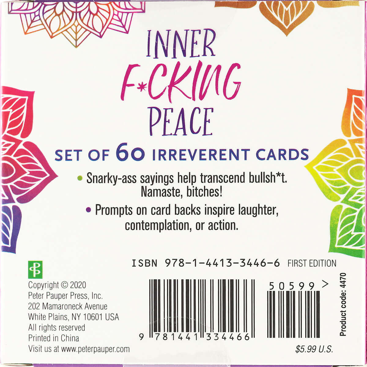 Inner Fucking Peace Cards Set of 60 back cover showcasing irreverent sayings and humor.