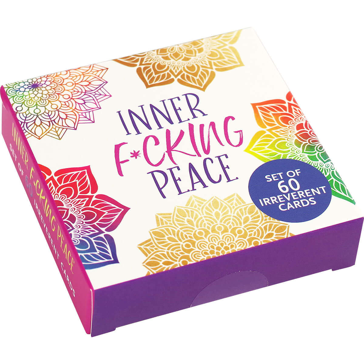 Inner Fucking Peace Cards Set of 60 packaging featuring colorful mandala designs.