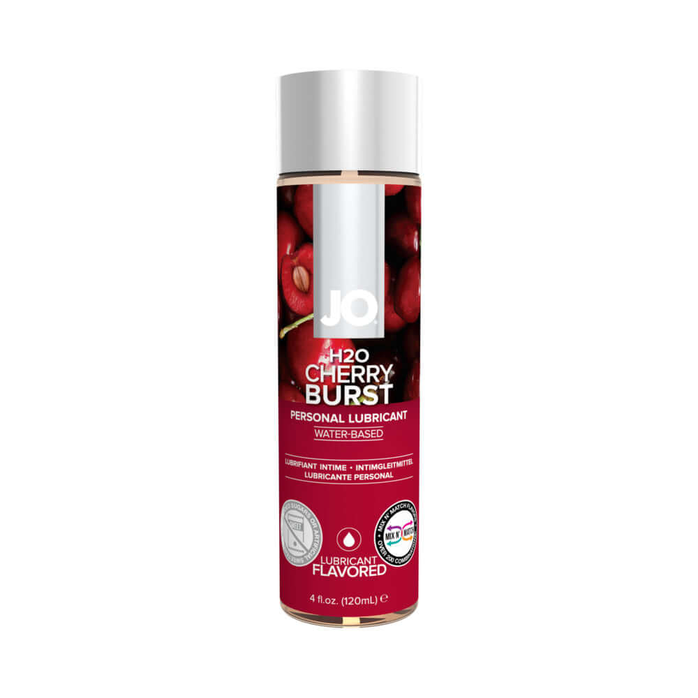 JO H2O Cherry Burst Flavored Water-Based Lubricant 4 Oz bottle, designed for a smooth and fruity experience.