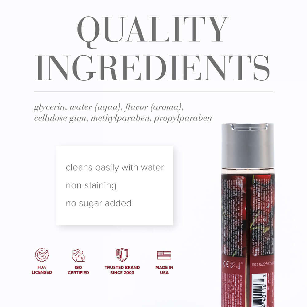 JO H2O Cherry Burst Flavored Water-Based Lubricant 4 Oz quality ingredients list including glycerin and flavor.
