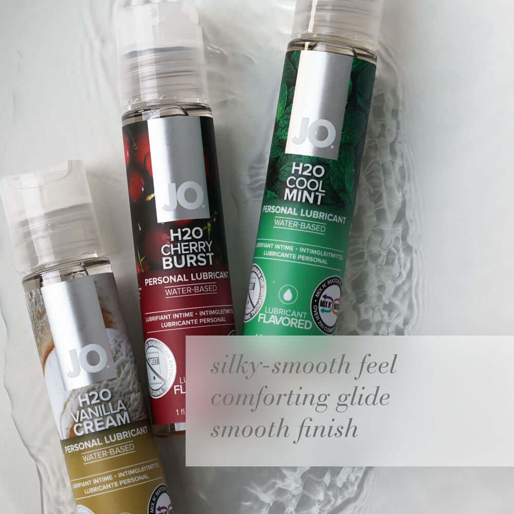 JO H2O Cherry Burst Flavored Water-Based Lubricant 4 Oz with Vanilla Cream and Cool Mint bottles