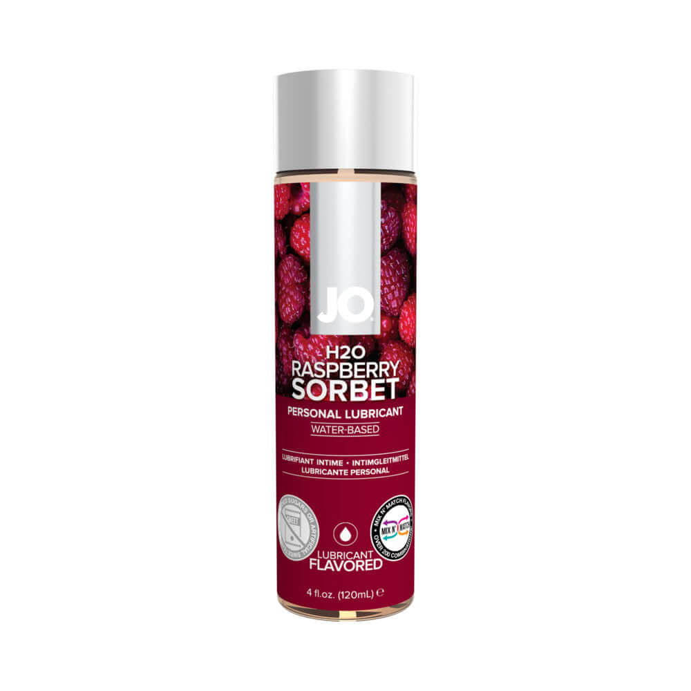 JO H2O Raspberry Sorbet Flavored Water-Based Lubricant 4 Oz bottle featuring raspberry design.