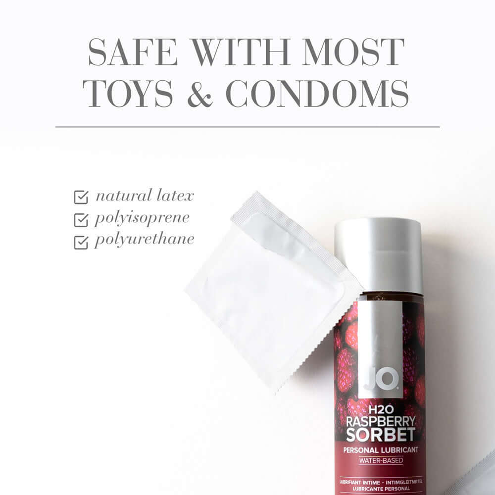 JO H2O Raspberry Sorbet Flavored Water-Based Lubricant 4 Oz packaging with safe usage details for toys and condoms.