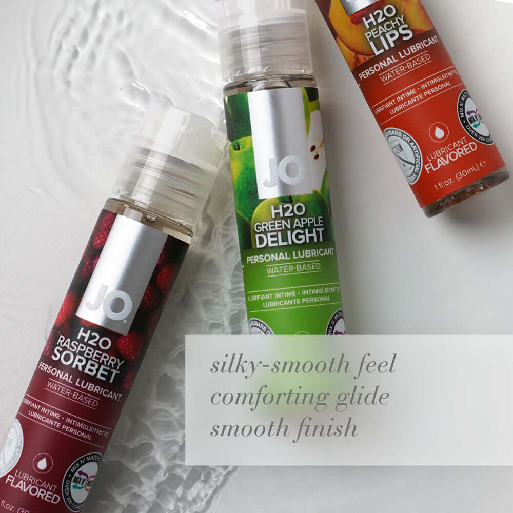 JO H2O Raspberry Sorbet Flavored Water-Based Lubricant 4 Oz next to other water-based lubricants with smooth finish text.