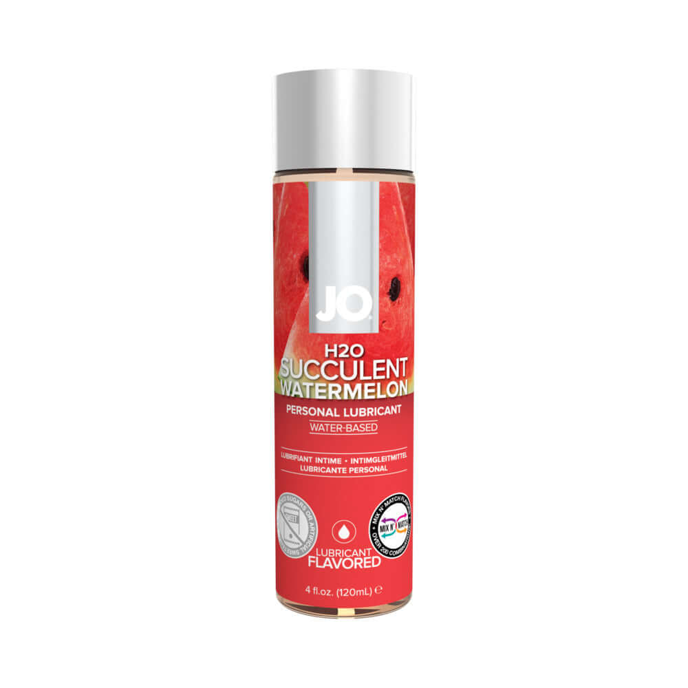 JO H2O Succulent Watermelon Water-Based Lubricant 4 Oz in a bottle with watermelon design and lightweight formula.