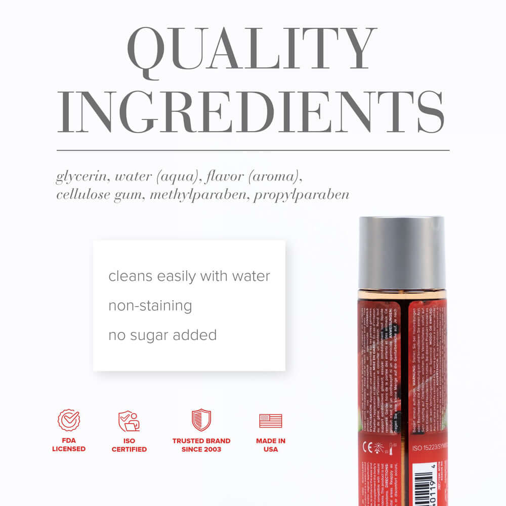 JO H2O Succulent Water-Based Lubricant 4 Oz ingredient list showcasing quality components and benefits.