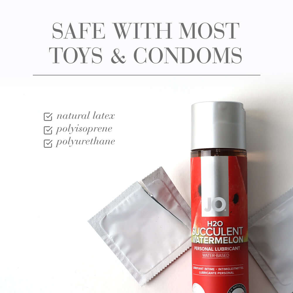 JO H2O Succulent Watermelon Water-Based Lubricant 4 Oz safe for most toys and condoms, features natural latex and polyurethane.
