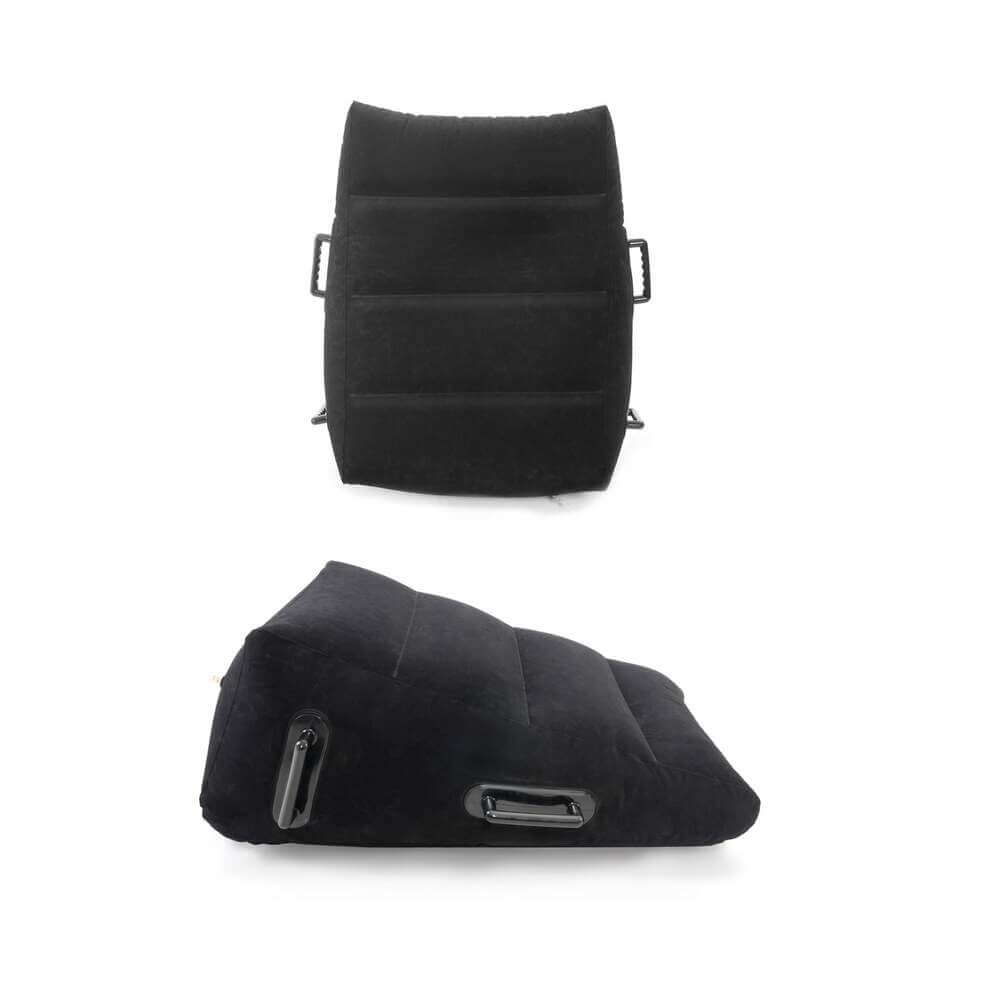 Fetish Fantasy Ultra Inflatable Position Master Wedge Black shown from two angles for comfort and support during intimate moments.