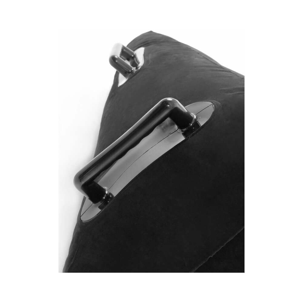 Close-up view of the Fetish Fantasy Ultra Inflatable Position Master Wedge Black with handles for easy maneuverability.