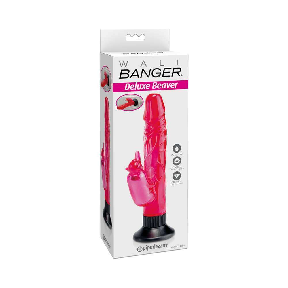 Waterproof Wall Bangers Deluxe Beaver Dual Stimulation Vibrator Pink packaging image showing its features and design.