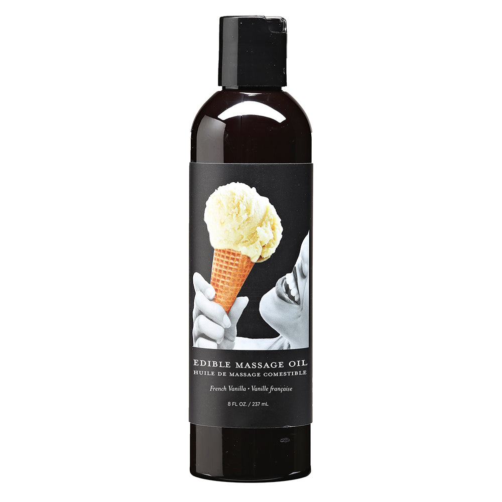 Earthly Body Edible Massage Oil Vanilla 8 Oz bottle design featuring a hand holding an ice cream cone.