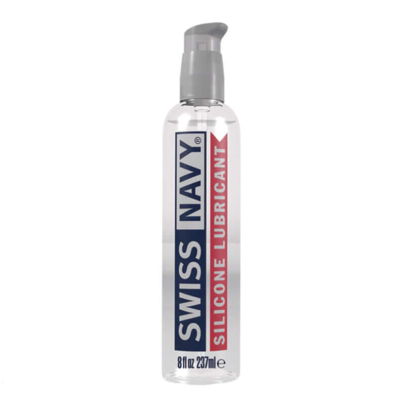 Swiss Navy Silicone Lubricant 8 Oz bottle showcasing premium silicone lubricant for enhanced slickness.