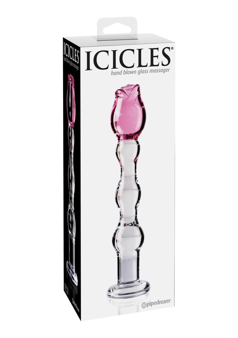 Icicles No 12 Beaded Flower Glass Dildo 7.25 inch Clear Pink in packaging, showcasing its elegant design and craftsmanship.