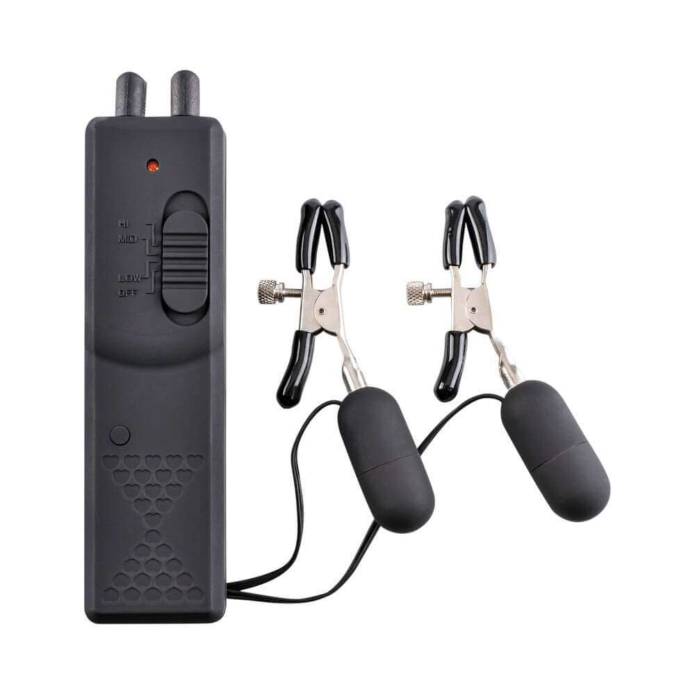 Fetish Fantasy Series Adjustable Vibrating Nipple Clamps Black with remote and clamps for customizable stimulation.