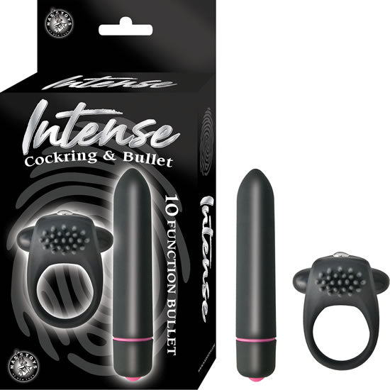 Intense Silicone Vibrating Cock Ring and Bullet Set Black packaging and products displayed.