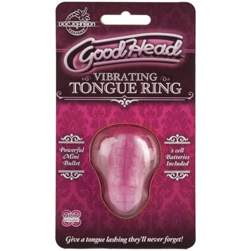 Good Head Vibrating Tongue Ring Pink packaging with powerful mini bullet and batteries included.