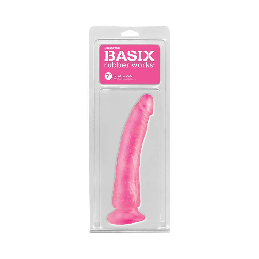 Basix Rubber Works Slim Seven 7 in. Dildo With Suction Cup Pink