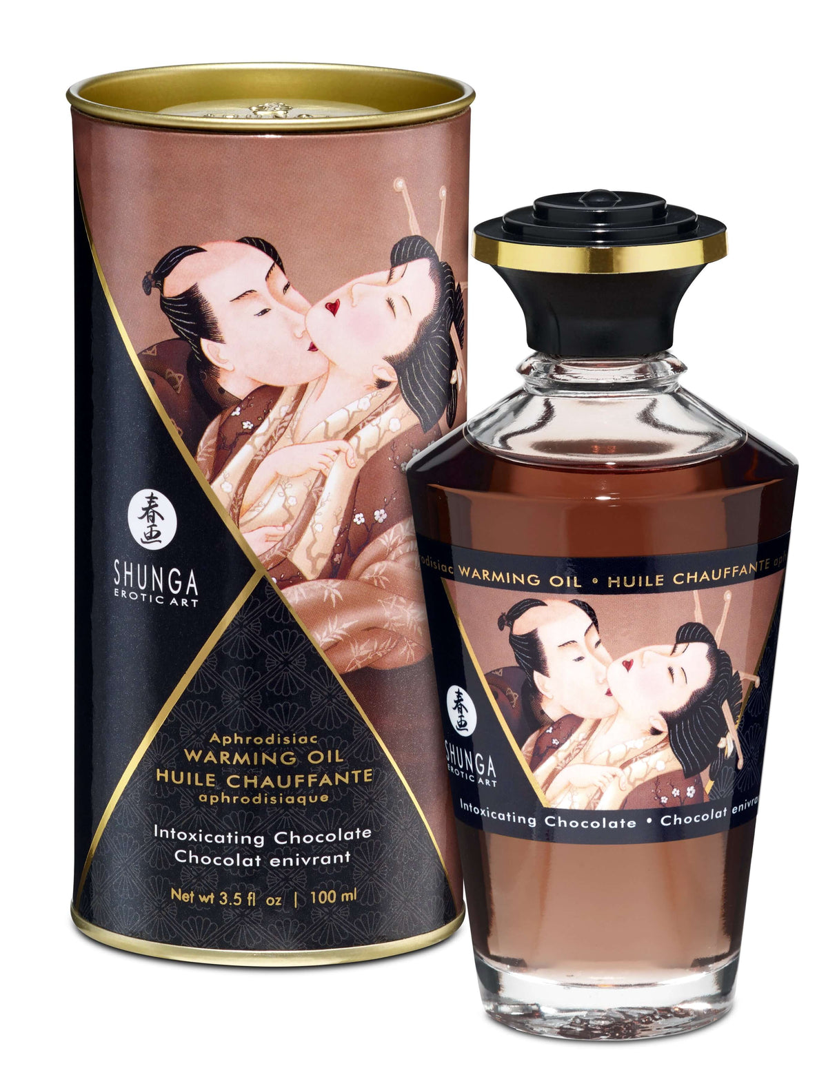 Shunga Aphrodisiac Warming Oil Intoxicating Chocolate 3.5 Oz in elegant packaging for sensual experiences.