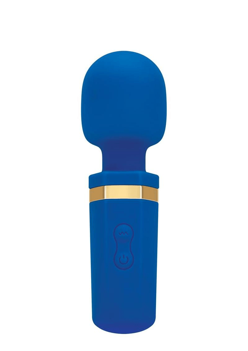 Bodywand Mini Wand Mighty Wand Blue with silicone design and gold accents, compact and USB rechargeable.