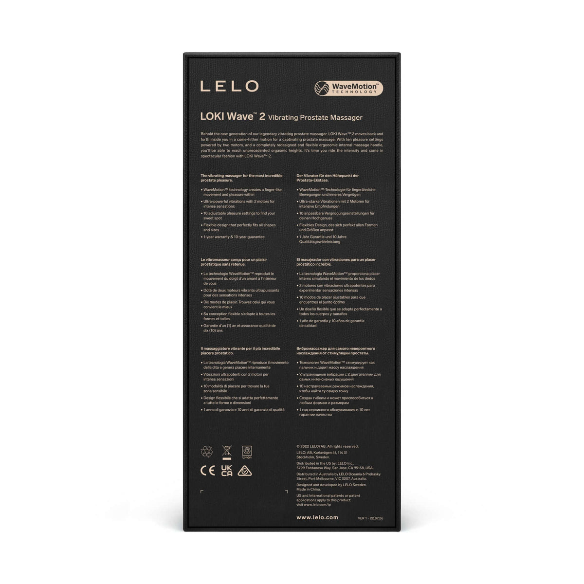 Lelo Loki Wave 2 Prostate Massager Violet Dust packaging with product details and features.