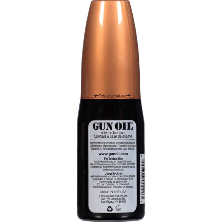 Gun Oil Silicone Lubricant 4 Oz bottle showing branding and usage instructions on the back.