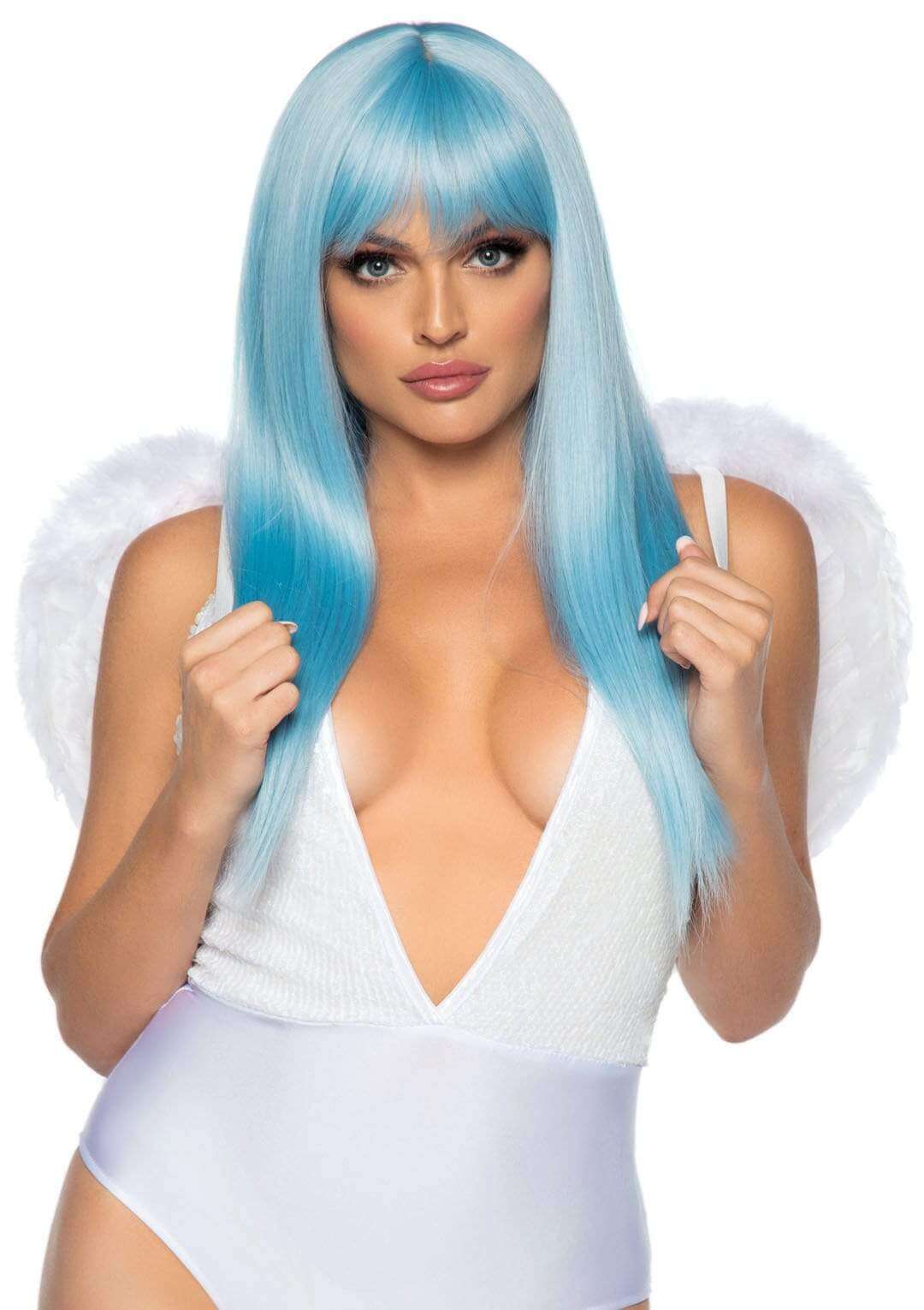 Leg Avenue Marabou Trimmed Feather Wings White worn by a model with blue hair in a light costume.
