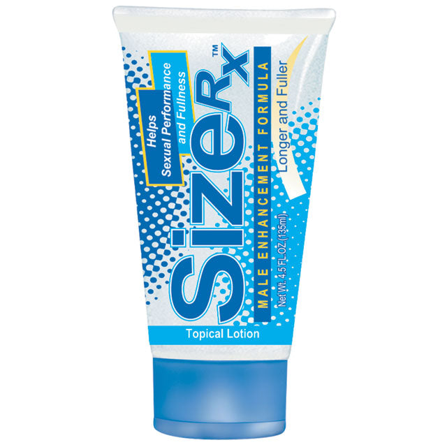 Size RX Male Enhancement Lotion 4.5 Oz tube featuring a blue label promoting sexual performance and fullness.