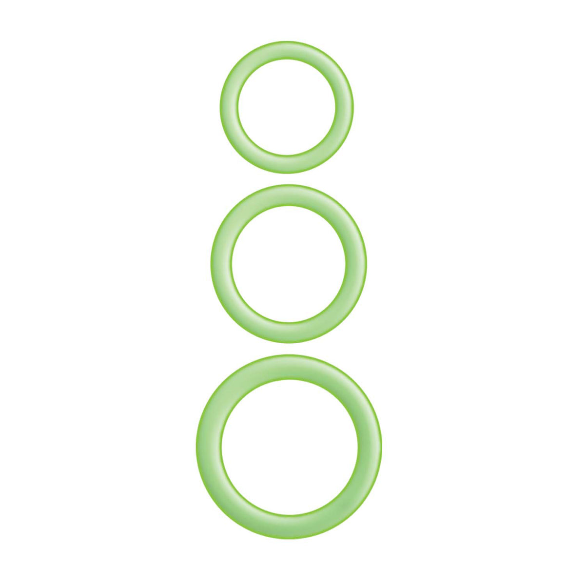 Enhancer Green Glow Silicone Cock Ring Set featuring three graduated silicone rings in green glow.