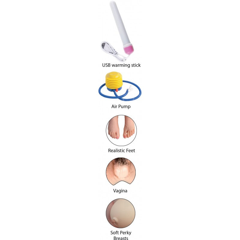 Image showing components for Fuck Friends Amber Inflatable Love Doll including USB warming stick, air pump, and lifelike details.